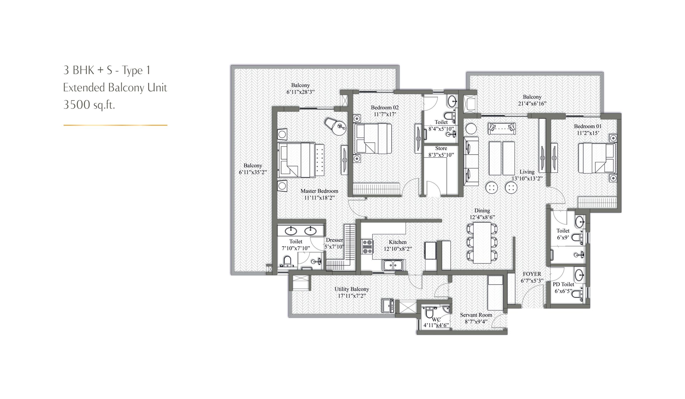 3 BHK + Servant Type 1 Extended Balcony 3500 sq ft