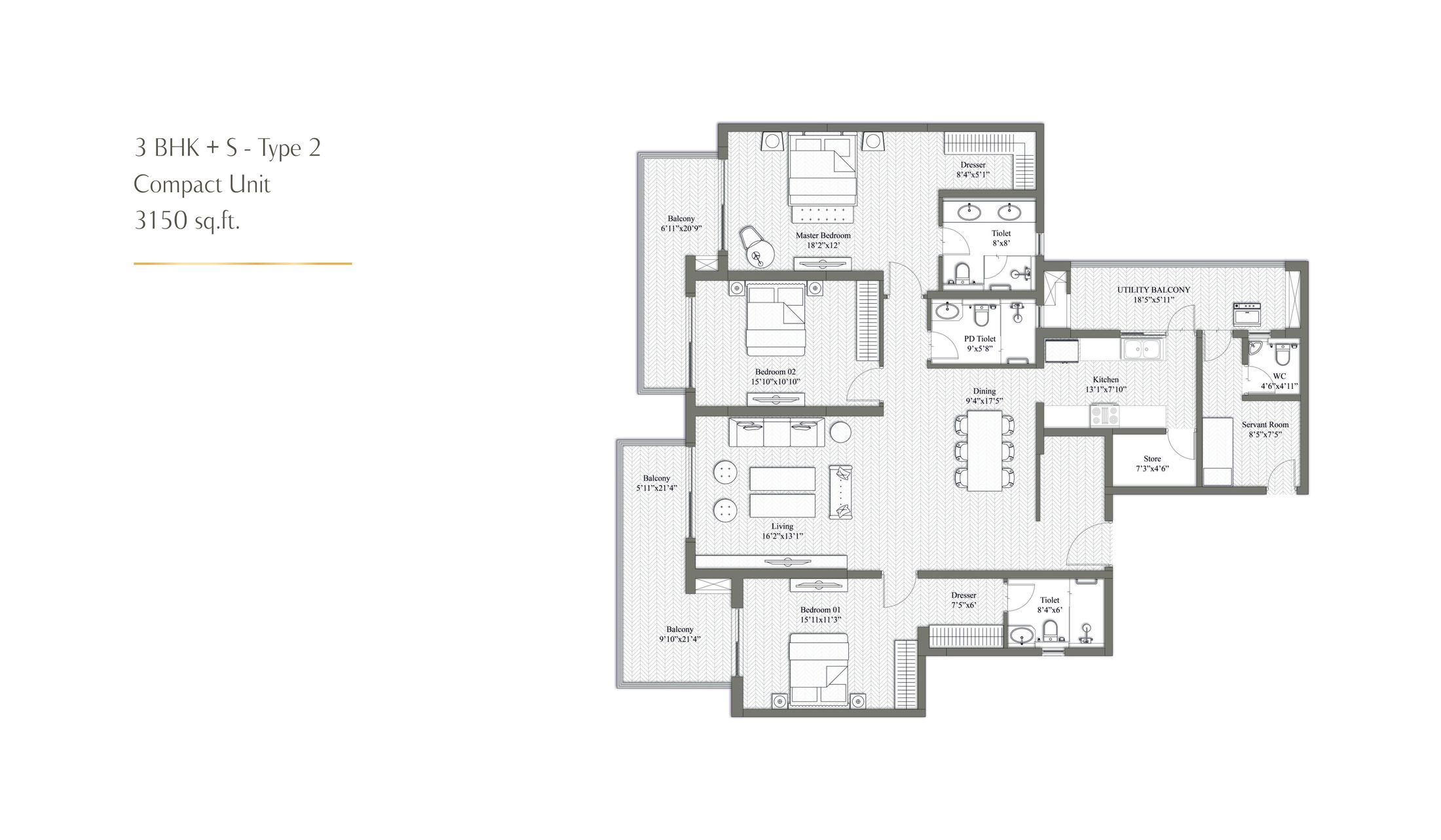 3 BHK + Servant Type 2 Compact 3150 sq ft