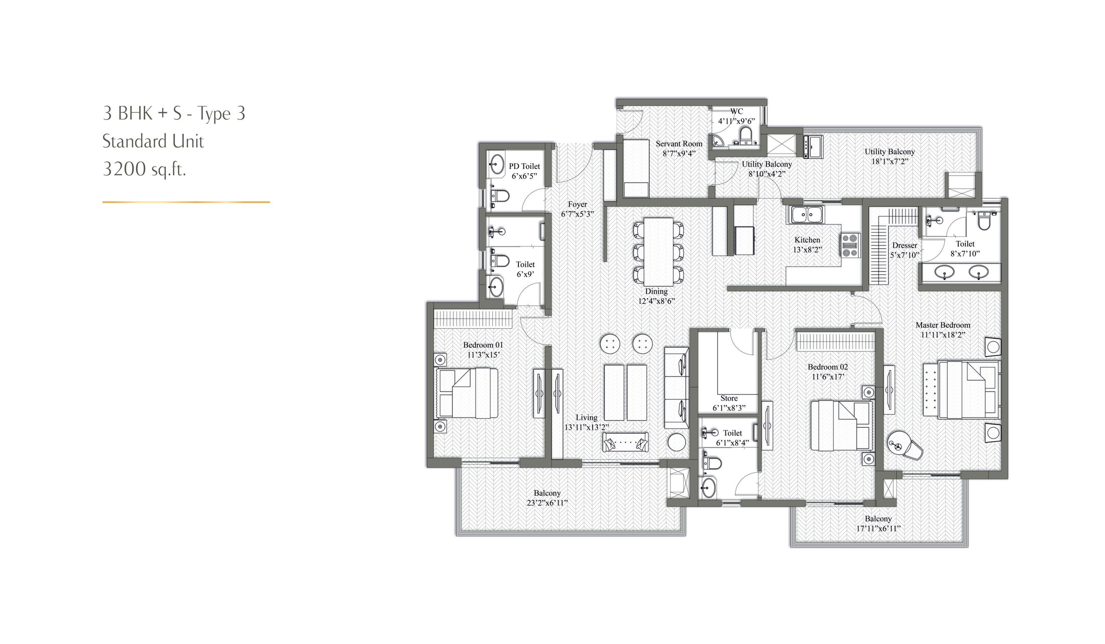 3 BHK + Servant Type 3 Standard 3200 sq ft