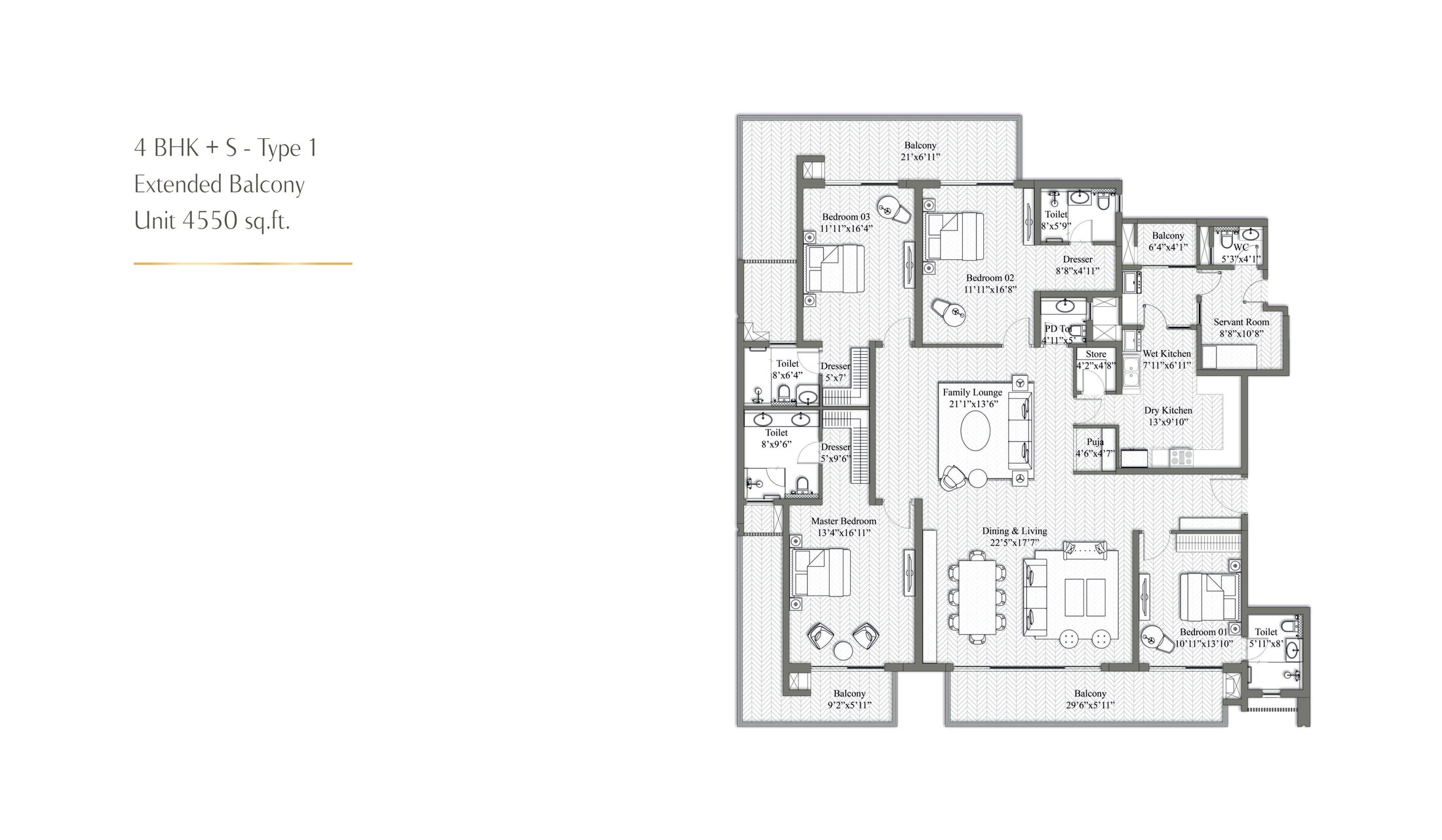 4 BHK + Servant Type 1 Extended Balcony 4550 sq ft